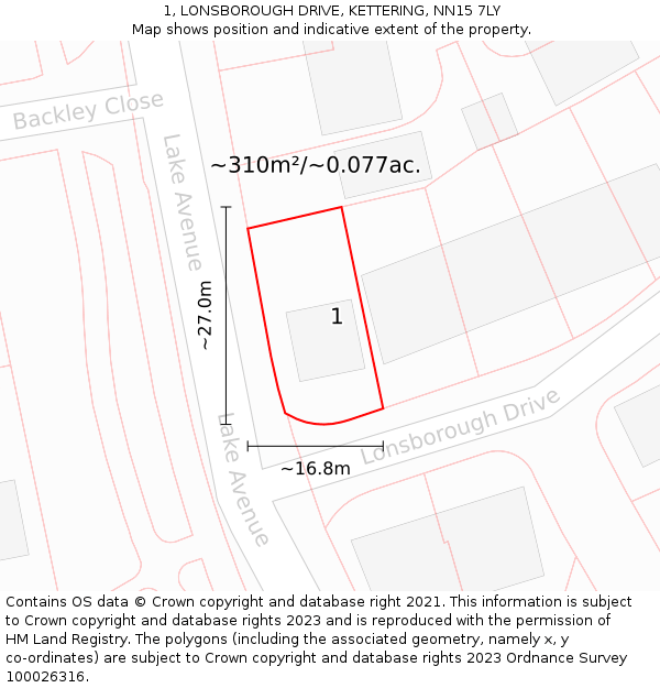 1, LONSBOROUGH DRIVE, KETTERING, NN15 7LY: Plot and title map