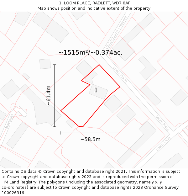 1, LOOM PLACE, RADLETT, WD7 8AF: Plot and title map