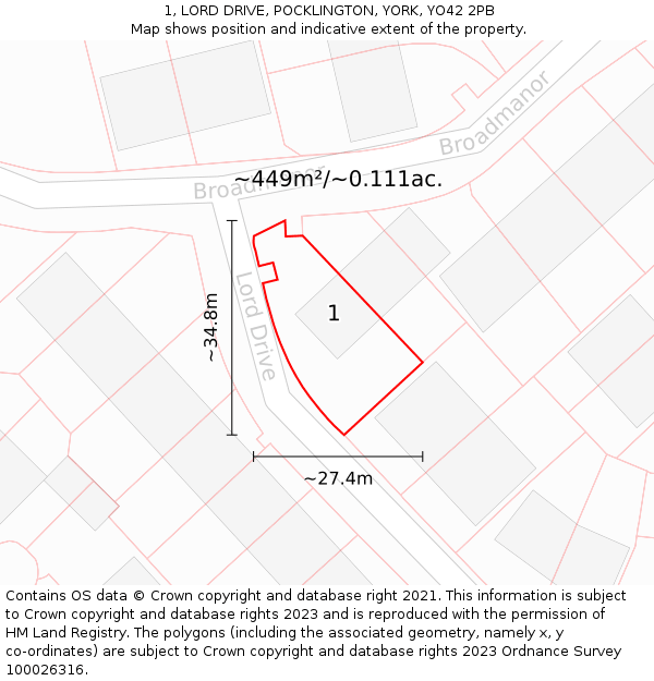 1, LORD DRIVE, POCKLINGTON, YORK, YO42 2PB: Plot and title map