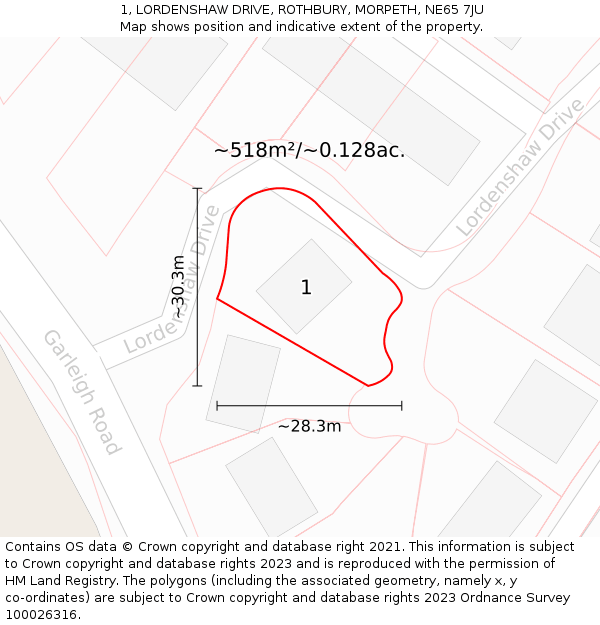 1, LORDENSHAW DRIVE, ROTHBURY, MORPETH, NE65 7JU: Plot and title map
