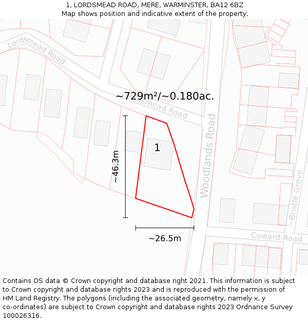 1, LORDSMEAD ROAD, MERE, WARMINSTER, BA12 6BZ: Plot and title map
