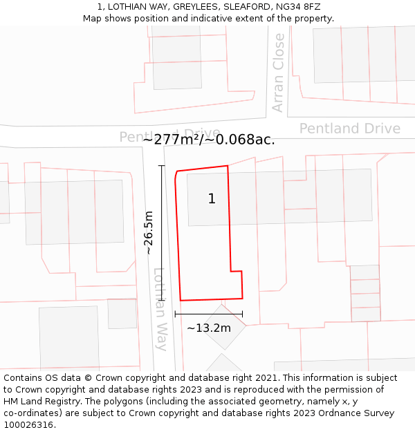 1, LOTHIAN WAY, GREYLEES, SLEAFORD, NG34 8FZ: Plot and title map