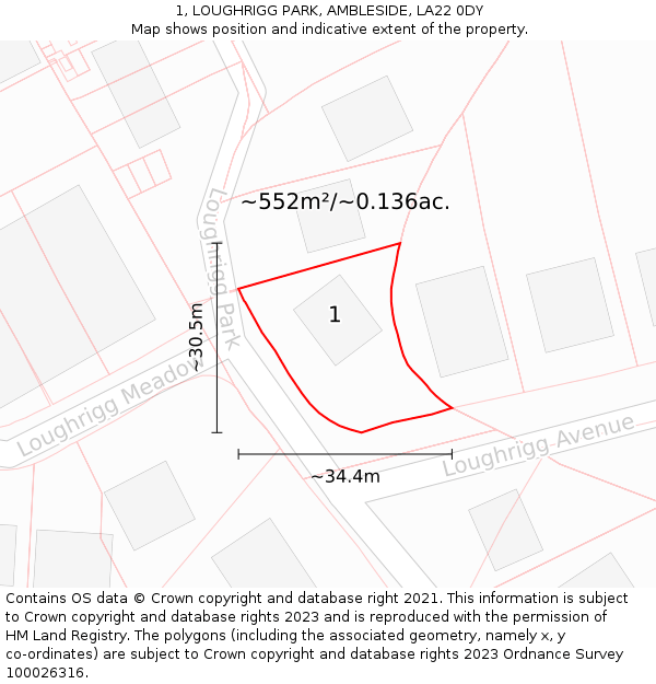 1, LOUGHRIGG PARK, AMBLESIDE, LA22 0DY: Plot and title map