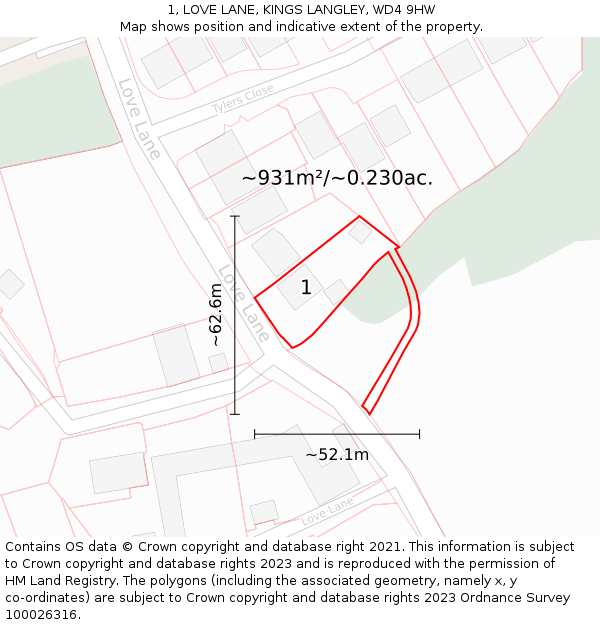 1, LOVE LANE, KINGS LANGLEY, WD4 9HW: Plot and title map