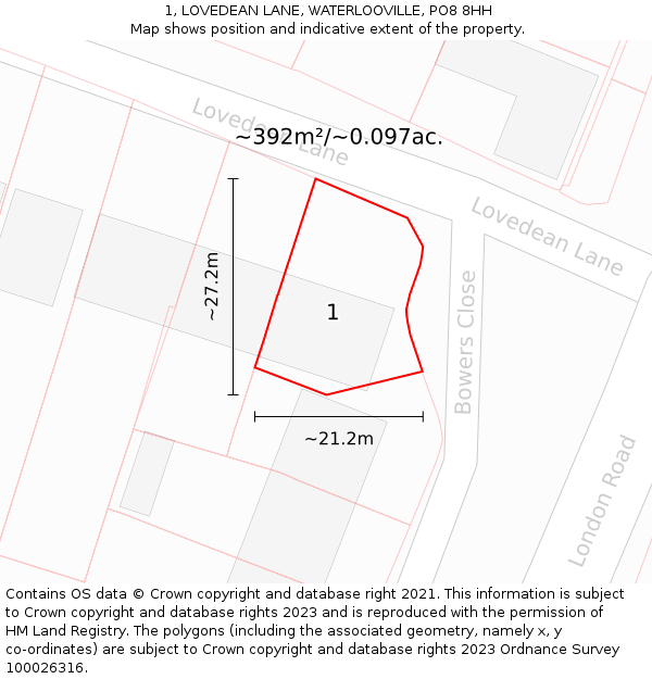 1, LOVEDEAN LANE, WATERLOOVILLE, PO8 8HH: Plot and title map