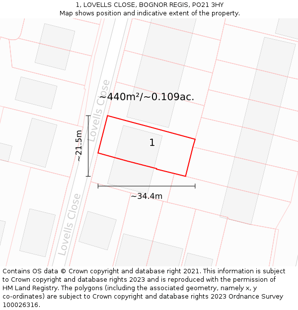 1, LOVELLS CLOSE, BOGNOR REGIS, PO21 3HY: Plot and title map