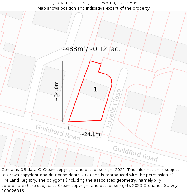 1, LOVELLS CLOSE, LIGHTWATER, GU18 5RS: Plot and title map