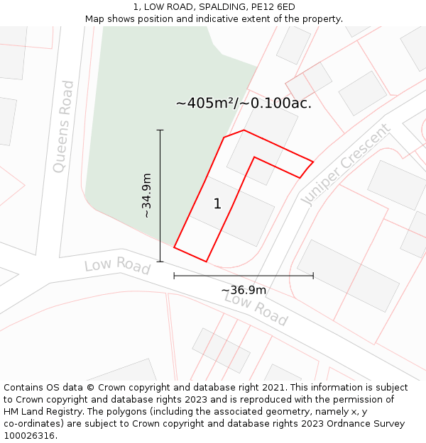 1, LOW ROAD, SPALDING, PE12 6ED: Plot and title map