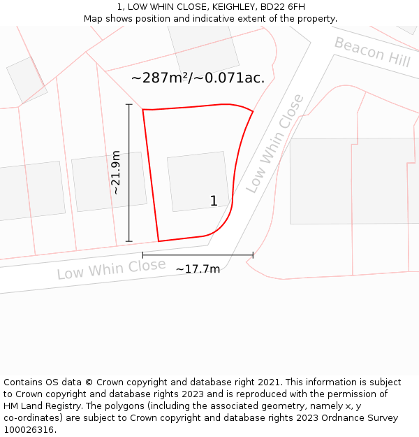 1, LOW WHIN CLOSE, KEIGHLEY, BD22 6FH: Plot and title map
