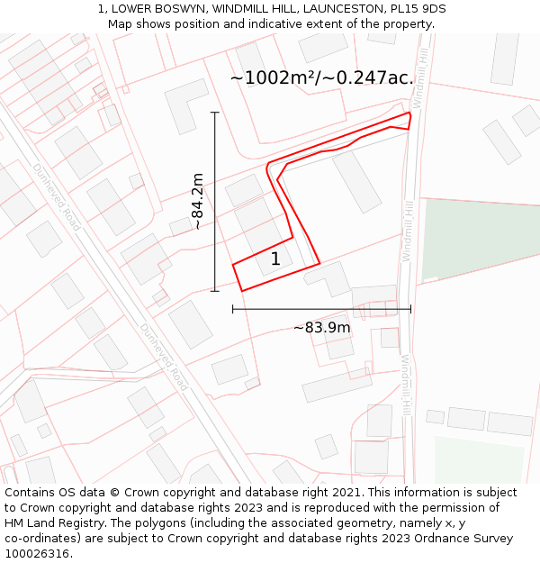 1, LOWER BOSWYN, WINDMILL HILL, LAUNCESTON, PL15 9DS: Plot and title map