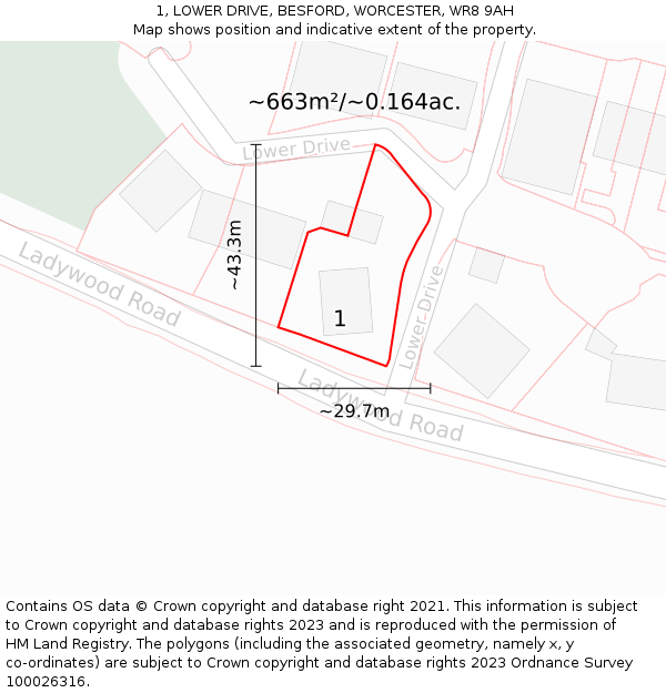 1, LOWER DRIVE, BESFORD, WORCESTER, WR8 9AH: Plot and title map