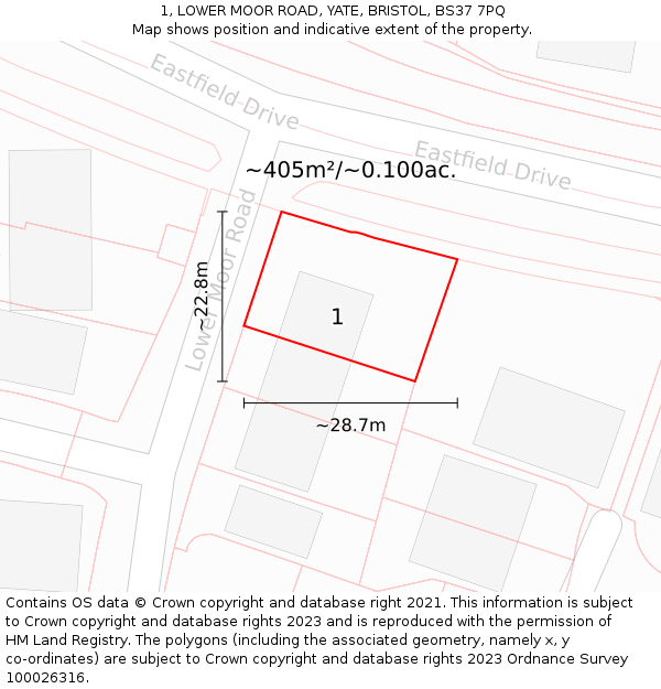 1, LOWER MOOR ROAD, YATE, BRISTOL, BS37 7PQ: Plot and title map