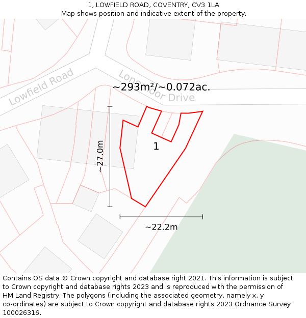 1, LOWFIELD ROAD, COVENTRY, CV3 1LA: Plot and title map