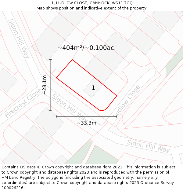 1, LUDLOW CLOSE, CANNOCK, WS11 7GQ: Plot and title map