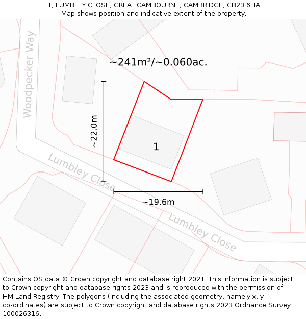 1, LUMBLEY CLOSE, GREAT CAMBOURNE, CAMBRIDGE, CB23 6HA: Plot and title map