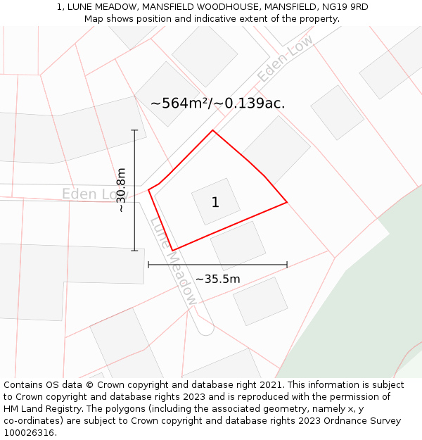 1, LUNE MEADOW, MANSFIELD WOODHOUSE, MANSFIELD, NG19 9RD: Plot and title map