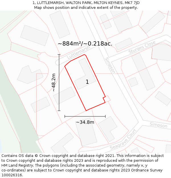 1, LUTTLEMARSH, WALTON PARK, MILTON KEYNES, MK7 7JD: Plot and title map