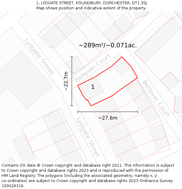 1, LYDGATE STREET, POUNDBURY, DORCHESTER, DT1 3SJ: Plot and title map