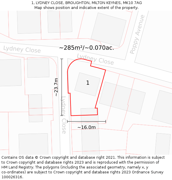1, LYDNEY CLOSE, BROUGHTON, MILTON KEYNES, MK10 7AG: Plot and title map