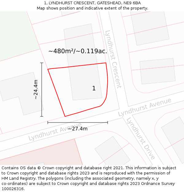 1, LYNDHURST CRESCENT, GATESHEAD, NE9 6BA: Plot and title map