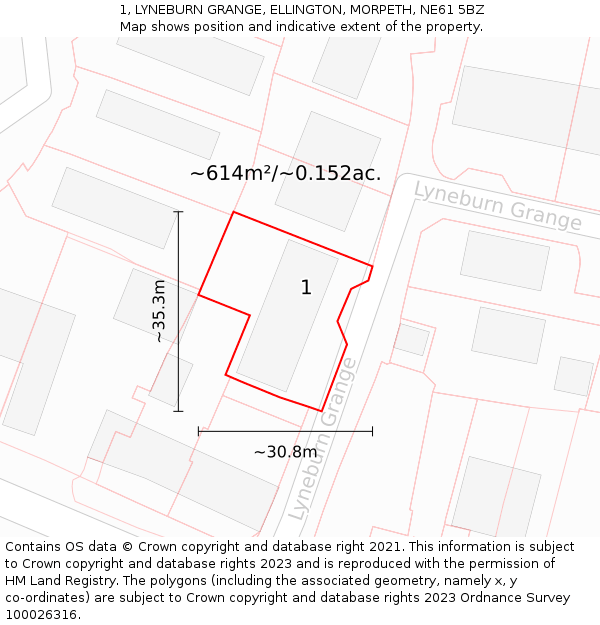 1, LYNEBURN GRANGE, ELLINGTON, MORPETH, NE61 5BZ: Plot and title map