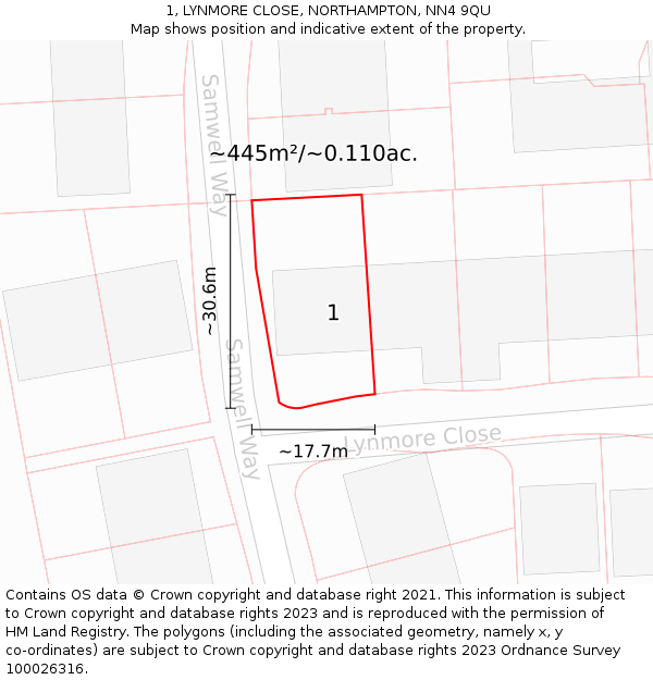 1, LYNMORE CLOSE, NORTHAMPTON, NN4 9QU: Plot and title map