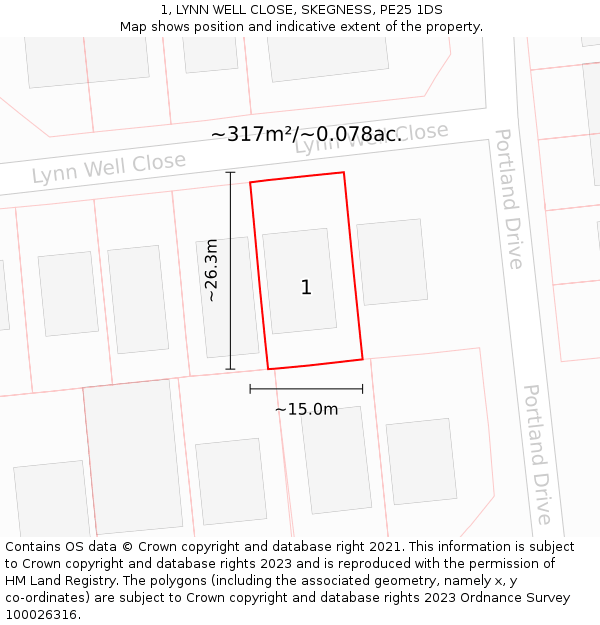 1, LYNN WELL CLOSE, SKEGNESS, PE25 1DS: Plot and title map