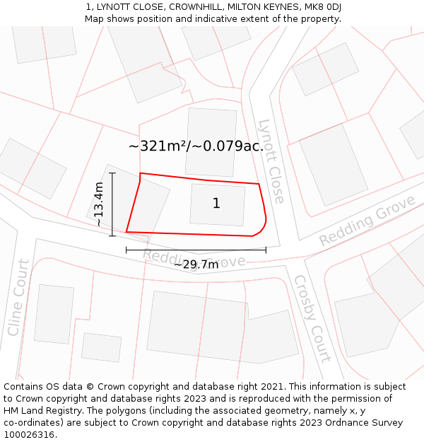 1, LYNOTT CLOSE, CROWNHILL, MILTON KEYNES, MK8 0DJ: Plot and title map