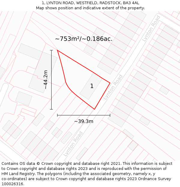 1, LYNTON ROAD, WESTFIELD, RADSTOCK, BA3 4AL: Plot and title map