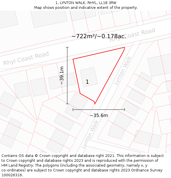 1, LYNTON WALK, RHYL, LL18 3RW: Plot and title map