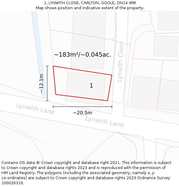 1, LYNWITH CLOSE, CARLTON, GOOLE, DN14 9RR: Plot and title map