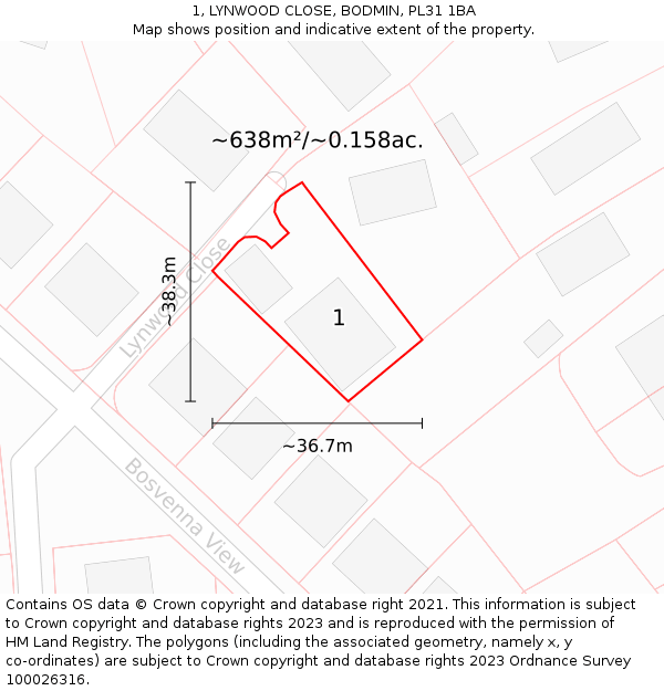 1, LYNWOOD CLOSE, BODMIN, PL31 1BA: Plot and title map