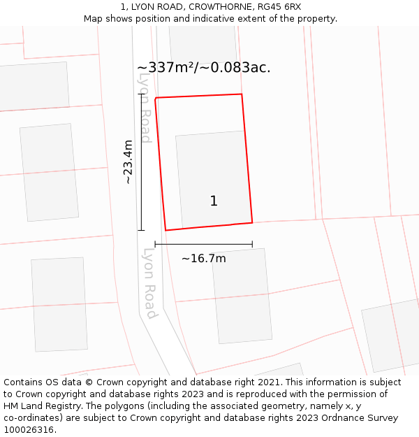 1, LYON ROAD, CROWTHORNE, RG45 6RX: Plot and title map