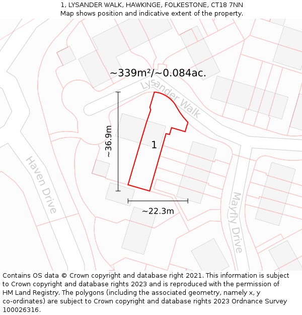 1, LYSANDER WALK, HAWKINGE, FOLKESTONE, CT18 7NN: Plot and title map