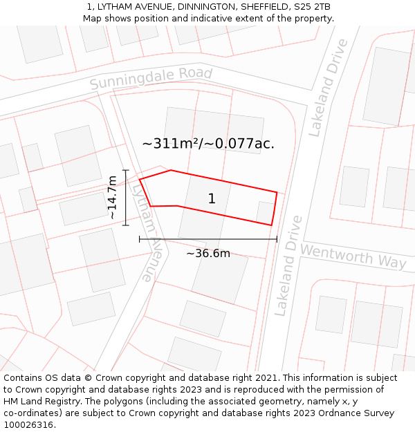 1, LYTHAM AVENUE, DINNINGTON, SHEFFIELD, S25 2TB: Plot and title map