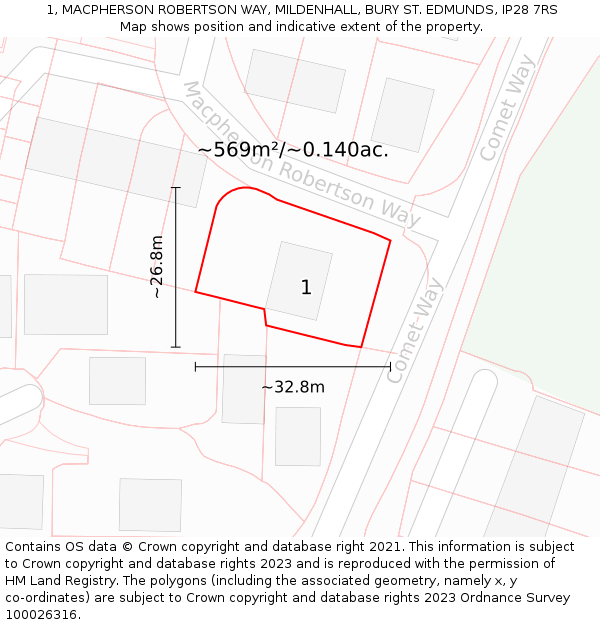 1, MACPHERSON ROBERTSON WAY, MILDENHALL, BURY ST. EDMUNDS, IP28 7RS: Plot and title map