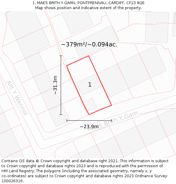 1, MAES BRITH Y GARN, PONTPRENNAU, CARDIFF, CF23 8QE: Plot and title map