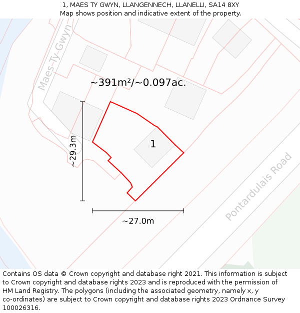 1, MAES TY GWYN, LLANGENNECH, LLANELLI, SA14 8XY: Plot and title map