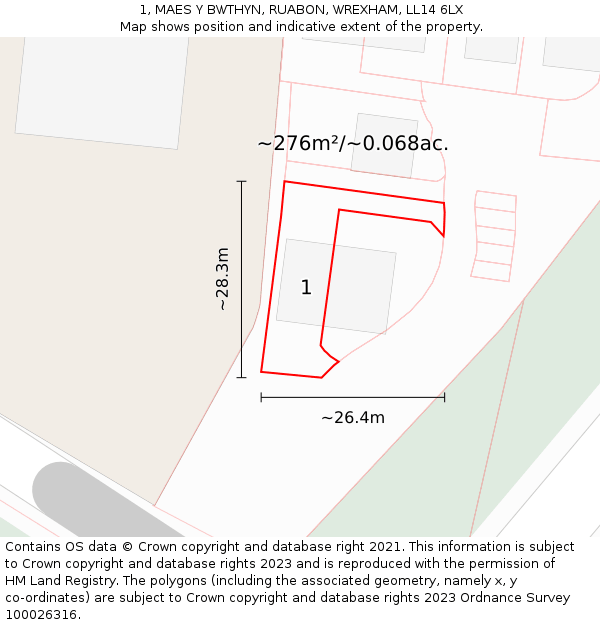 1, MAES Y BWTHYN, RUABON, WREXHAM, LL14 6LX: Plot and title map