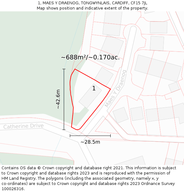 1, MAES Y DRAENOG, TONGWYNLAIS, CARDIFF, CF15 7JL: Plot and title map