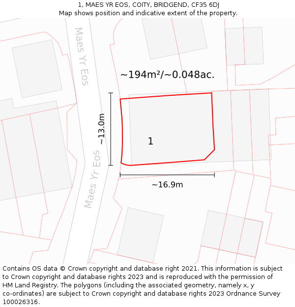 1, MAES YR EOS, COITY, BRIDGEND, CF35 6DJ: Plot and title map