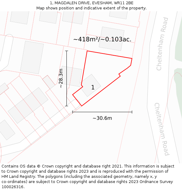 1, MAGDALEN DRIVE, EVESHAM, WR11 2BE: Plot and title map