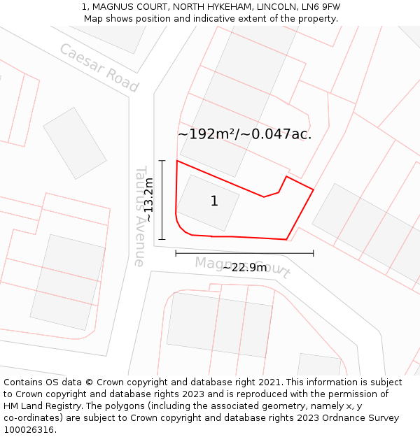 1, MAGNUS COURT, NORTH HYKEHAM, LINCOLN, LN6 9FW: Plot and title map