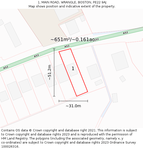 1, MAIN ROAD, WRANGLE, BOSTON, PE22 9AJ: Plot and title map