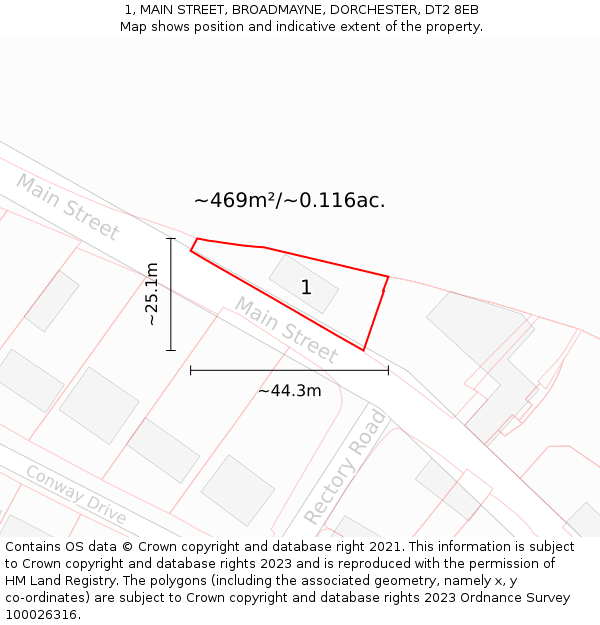 1, MAIN STREET, BROADMAYNE, DORCHESTER, DT2 8EB: Plot and title map