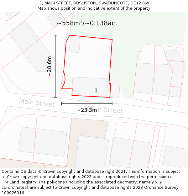 1, MAIN STREET, ROSLISTON, SWADLINCOTE, DE12 8JW: Plot and title map