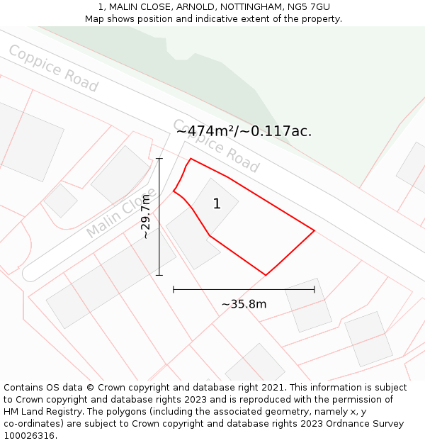 1, MALIN CLOSE, ARNOLD, NOTTINGHAM, NG5 7GU: Plot and title map