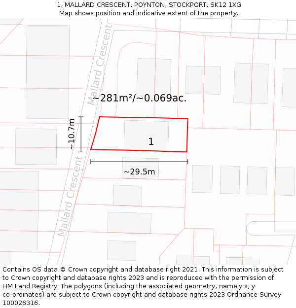 1, MALLARD CRESCENT, POYNTON, STOCKPORT, SK12 1XG: Plot and title map