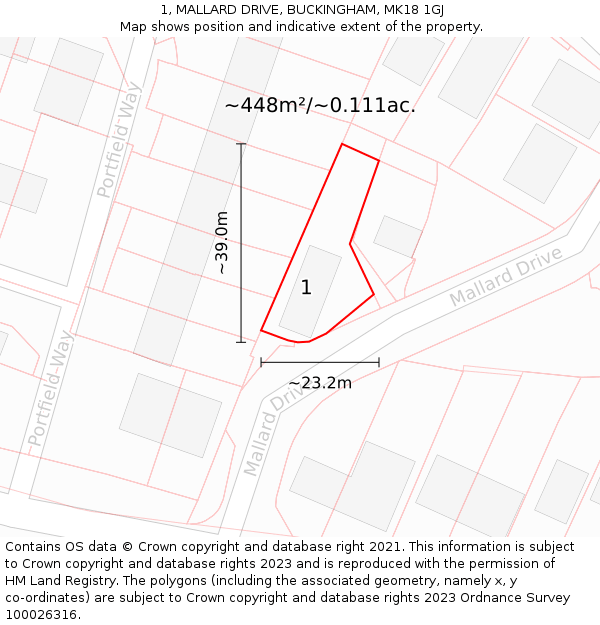 1, MALLARD DRIVE, BUCKINGHAM, MK18 1GJ: Plot and title map