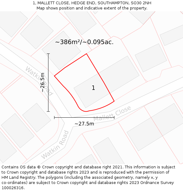 1, MALLETT CLOSE, HEDGE END, SOUTHAMPTON, SO30 2NH: Plot and title map